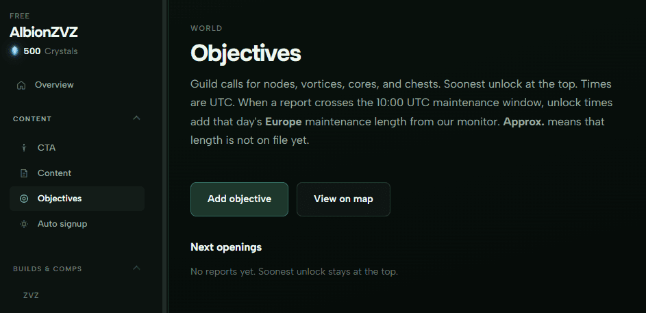 Objectives page in the guild dashboard