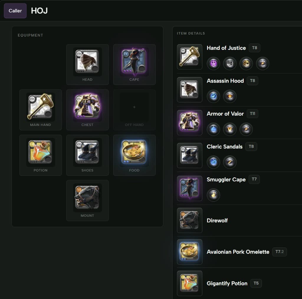 HOJ build sheet with equipment grid, tiers, and ability selections