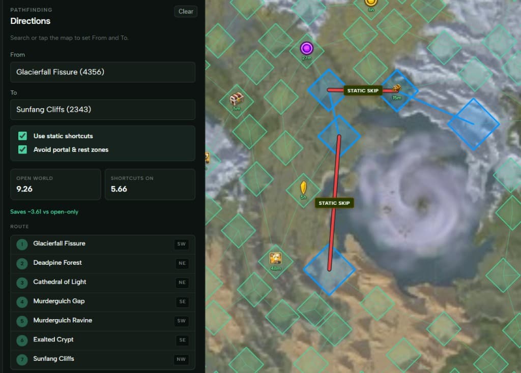 Pathfinding directions panel with route overlay on the world map