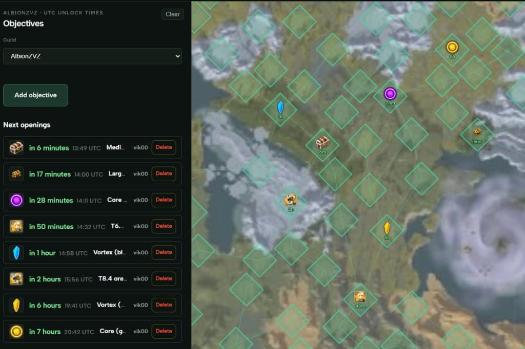 Guild objectives list with timers pinned on the world map