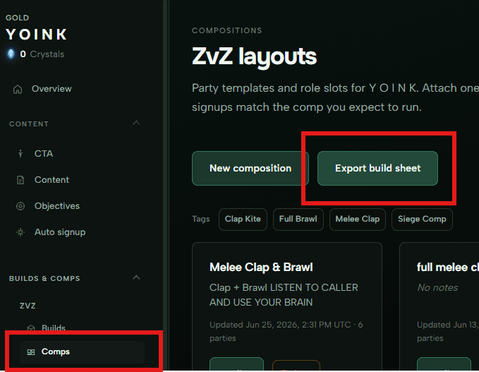 Comps page with Export build sheet