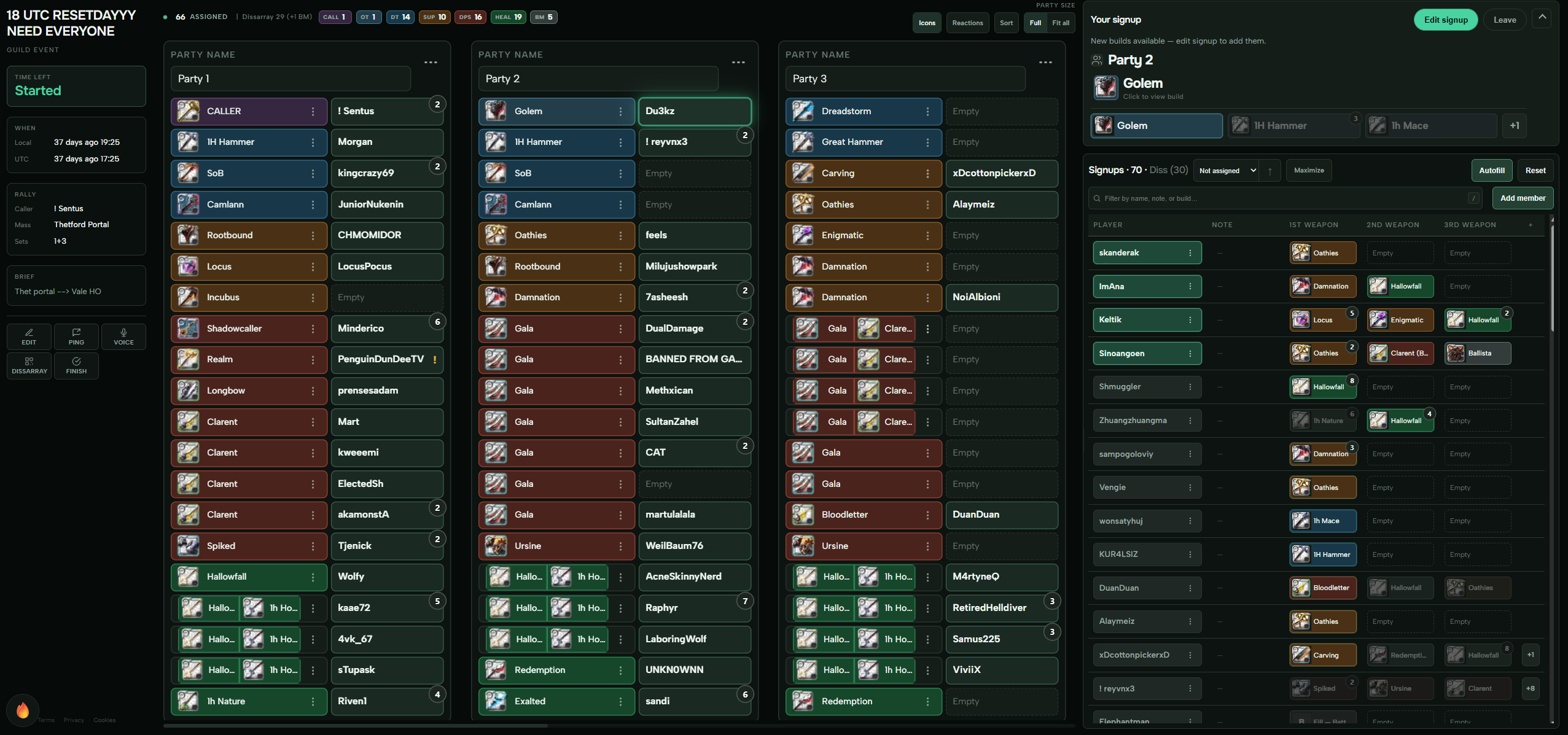 Event signup sheet with party rosters, weapon picks, and signup table